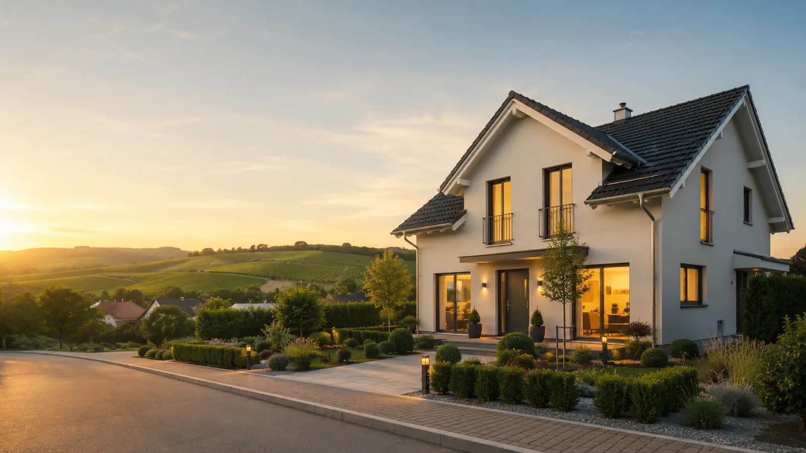 Modernes Einfamilienhaus bei warmem Abendlicht